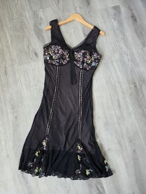 Sue Wong Vintage Black Multi-Color Floral Midi Dress Size 12